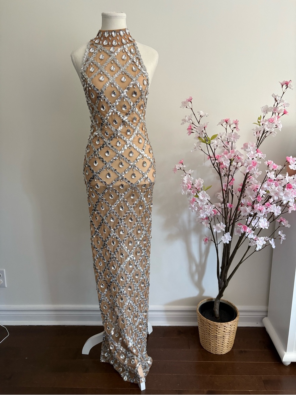 Embellished Nude Halter Evening Gown